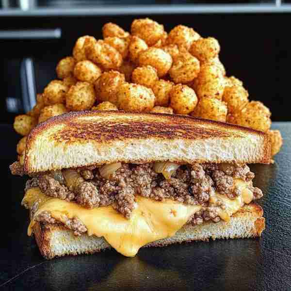 Cheesy Beef Grilled Sandwich with Crispy Tater Tots Ingredients: For the Grilled Cheese Sandwich: 1/...