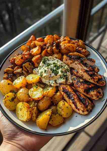🌶️🌿🐔 Spicy Greek Garlic Chicken & Crispy Potatoes with Mushroom-Feta Pesto—a Mediterranean flavor...