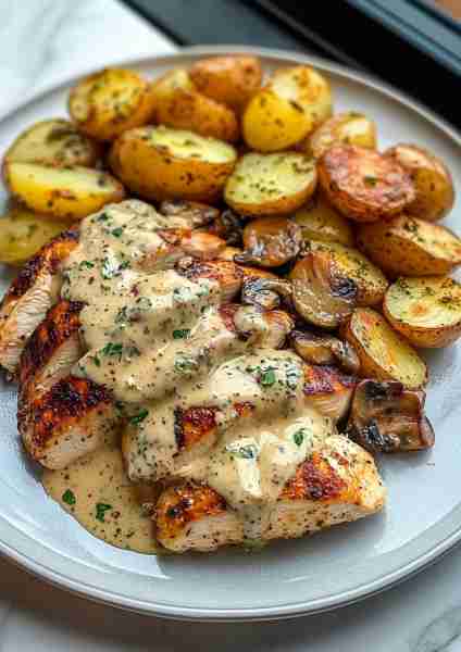 🧀🌿🐔 Creamy Garlic Mushroom Alfredo Chicken & Potatoes with Basil Pesto—an ultra-rich and flavorfu...