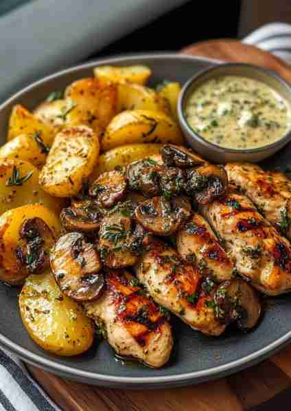 🍋🌿🐔 Greek Lemon Garlic Chicken with Truffle Mushroom Pesto Potatoes—a sophisticated Mediterranean...