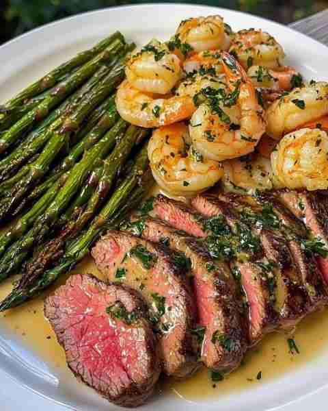 Garlic Butter Shrimp and Asparagus with Steak 🥩🍤 Ingredients: For the Steak: 2 rib-eye or filet mi...