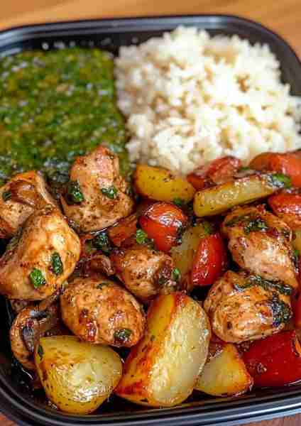 🌿🐔🍚 Greek Garlic Chicken with Roasted Potatoes & Spinach-Artichoke Mushroom Pesto Cream with Rice...