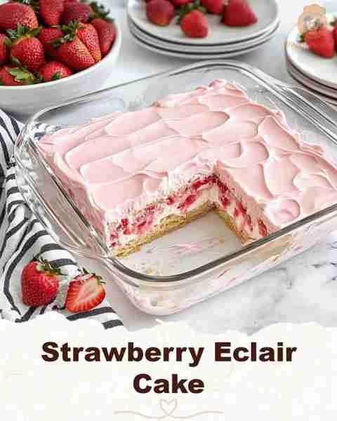 Strawberry Eclair Cake 🍓 This Strawberry Eclair Cake recipe is perfect for dessert lovers. It's a n...