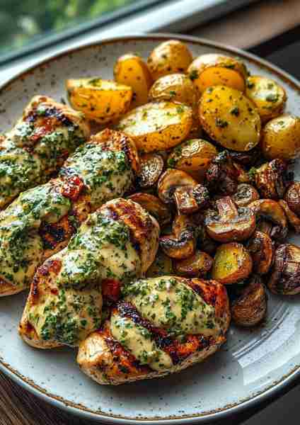 🍅🌿🐔 Tuscan Garlic Chicken & Crispy Potatoes with Sun-Dried Tomato Mushroom Pesto—a Mediterranean-...