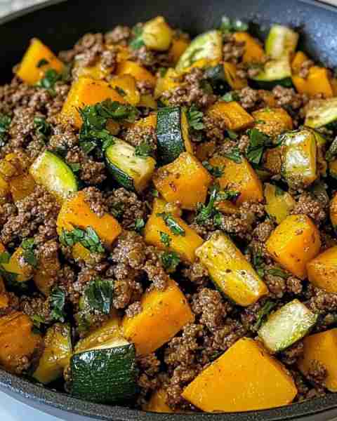 Ground Beef Skillet with Sweet Potatoes & Zucchini 📝 Ingredients: 1 pound ground beef (lean) 1 medi...