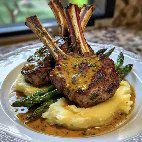 🍖 Herb-Crusted Lamb Chops with Garlic Mashed Potatoes, Roasted Asparagus & Creamy Mustard Sauce 🥔...