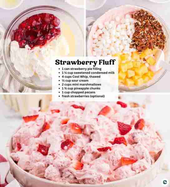 STRAWBERRY FLUFF SALAD 🍓 21 oz can strawberry pie filling 🍓 1¼ cup sweetened condensed milk 🍓 4 c...