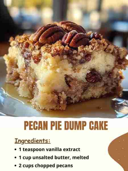 Pecan Pie Dump Cake Ingredients: 1 teaspoon vanilla extract 1 cup unsalted butter, melted 2 cups ch...
