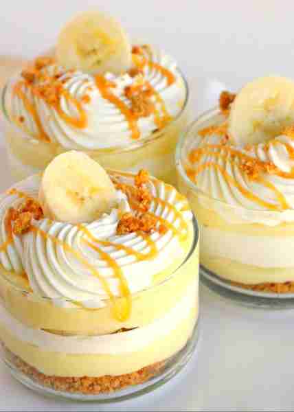 Banana Caramel Cream Dessert Cups Ingredients (Serves 6) Crust Layer: 1 cup crushed graham crackers...