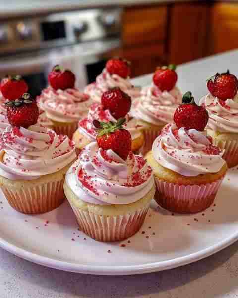 White Chocolate Strawberry Cupcakes Yield: 12 cupcakes Prep Time: 25 minutes Cook Time: 18–20 minute...