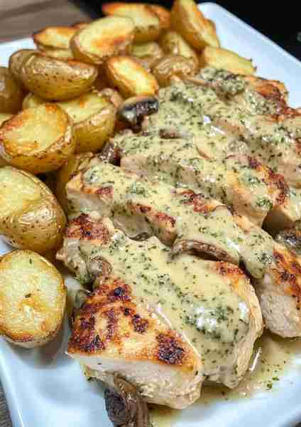 🧀🌿🐔 Creamy Garlic Mushroom Alfredo Chicken & Potatoes with Basil Pesto WITH A Twist OF Rich basil...