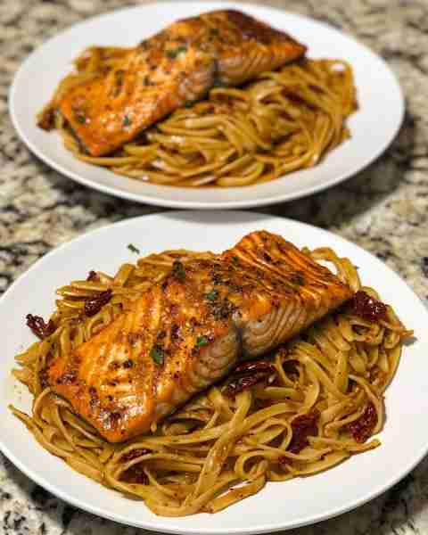 Grilled Salmon with Sun-Dried Tomato Pasta Flame-Kissed Salmon over Creamy Sun-Dried Tomato Penne In...