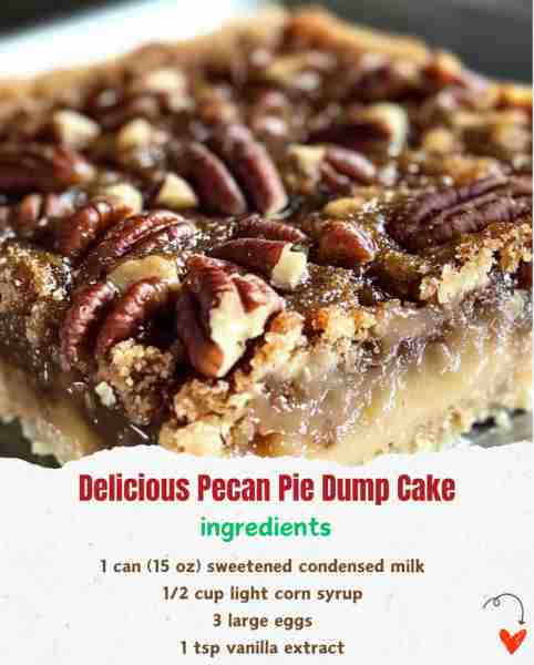 Delicious Pecan Pie Dump Cake 🥧🌰✨ Ingredients: 1 can (15 oz) sweetened condensed milk 🥛 1/2 cu...