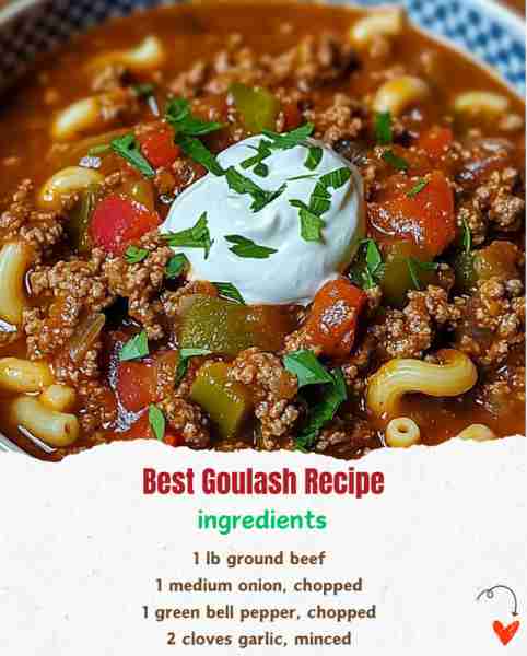 Goulash Delight 🍲🥩🍝 Ingredients: 1 lb ground beef 🥩 1 medium onion, chopped 🧅 1 green bell p...