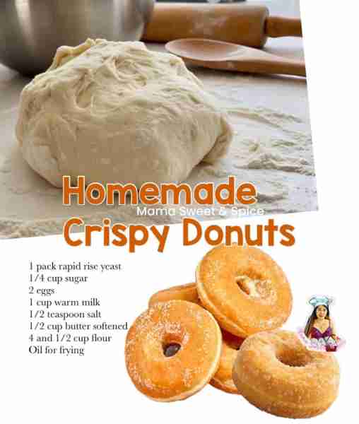 Crispy Fried Donuts! Recipe: 1 pack rapid rise yeast 1/4 cup sugar 2 eggs 1 cup warm milk 1/2 teasp...