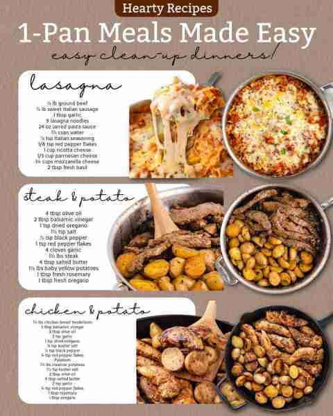 1-pan meals mad easy clean-up dinners! Ingredients 1. Lasagna 2 tablespoons of olive oil 1 pound of...