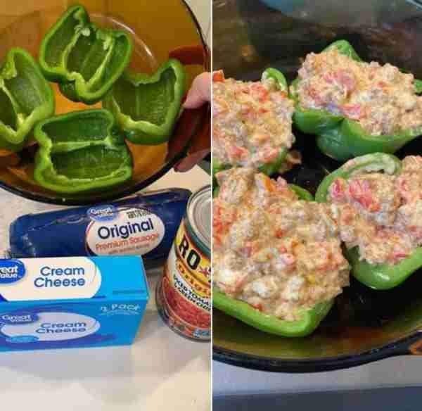 Stuffed peppers for breakfast. 1 pound sausage cook in skillet Add 8oz brick of cream cheese Add 1 c...