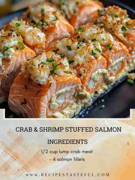 Crab and Shrimp Stuffed Salmon Ingredients: 4 salmon fillets (6 oz each) ½ cup cooked shrimp, choppe...