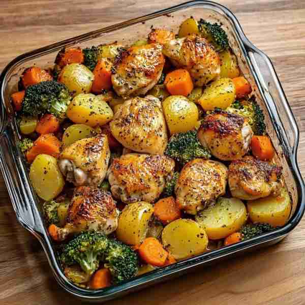 One-Pan Roasted Chicken Thighs with Potatoes, Carrots & Broccoli 🥔🥦 Prep Time: 15 minutes Cook Tim...