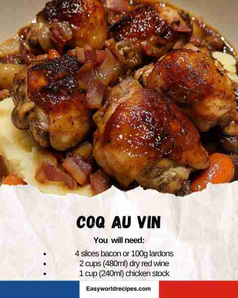 🍷 Coq au Vin 🇫🇷🍗 Tender chicken braised in red wine with bacon and veggies—an old-world French fav...