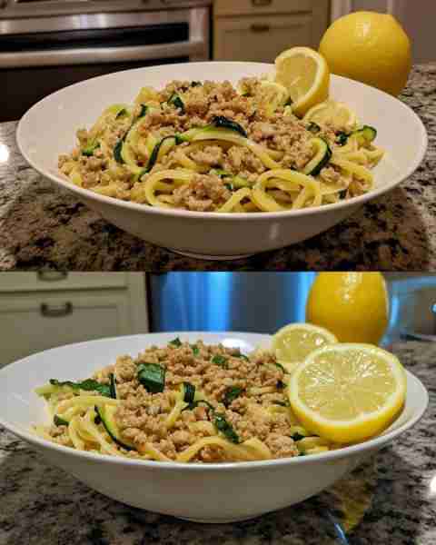 Lemon Zucchini Pasta with Turkey Crumbles Light Lemon Zucchini Linguine with Savory Ground Turkey In...