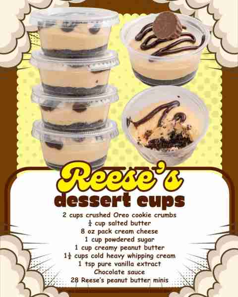 REESE'S DESSERT CUPS! 2 cups crushed Oreo cookie crumbs ¼ cup salted butter 8 oz pack cream cheese 1...