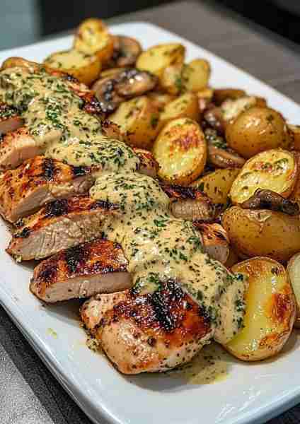 🍯🌿🐔 Greek Garlic Chicken & Honey-Roasted Potatoes with Truffle Mushroom Pesto—a Mediterranean-ins...