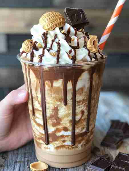 Reese’s Peanut Butter Frappuccino 🍯🍫🥶 Think peanut butter cup meets frozen mocha—this drink is sm...