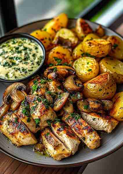 🥥🌿🐔 Creamy Coconut Garlic Chicken & Crispy Potatoes with Mushroom Basil Pesto—a Mediterranean-ins...