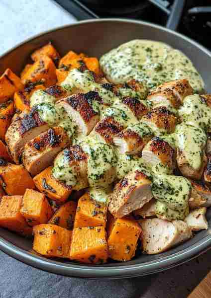 🌿🐔🥔 Greek Garlic Chicken & Crispy Potatoes with Spinach-Feta Mushroom Pesto Cream—a vibrant Medit...