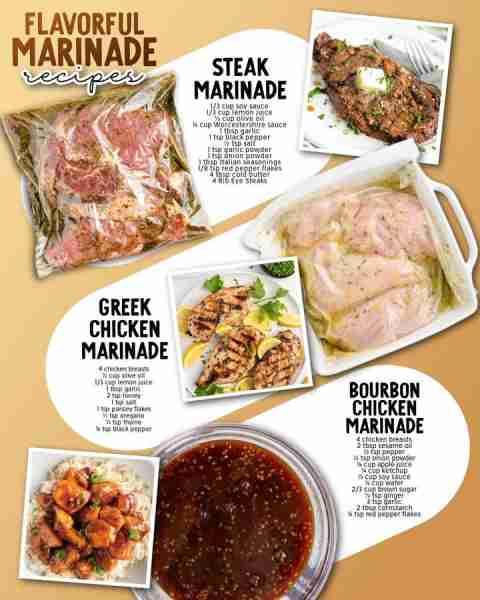 Marinade Recipes that you can't resist! Ingredients 1. Steak Marinade ⅓ cup of soy sauce ⅓ cup of le...