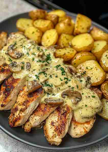 🧀🌿🐔 Creamy Garlic Mushroom Alfredo Chicken & Potatoes with Basil Pesto WITH Rich basil pesto crea...