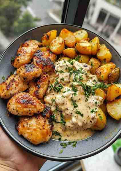 🌶️🌿🐔 Spicy Garlic Greek Chicken Alfredo with Hot Honey Mushroom Pesto Potatoes—a fiery fusion of M...