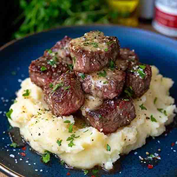 Garlic Butter Steak Bites with Mashed Potatoes 🥩🧄🥔 Ingredients: For the Garlic Butter Steak Bites...