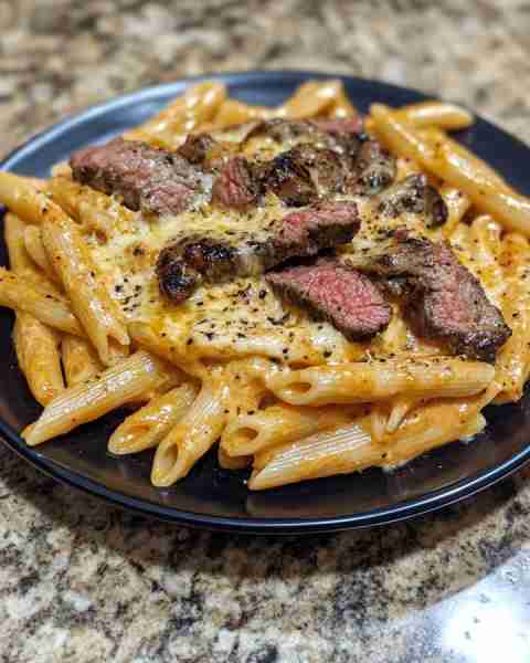 PEPPERED STEAK STRIPS OVER CREAMY MOZZARELLA PENNE Ingredients: 1 lb sirloin or ribeye steak, sliced...
