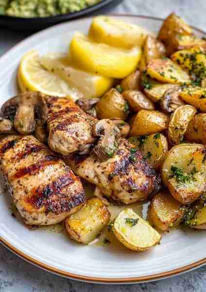 🍋🌿🐔 Greek Lemon Garlic Chicken & Roasted Potatoes with Avocado Mushroom Pesto—a vibrant and flavo...