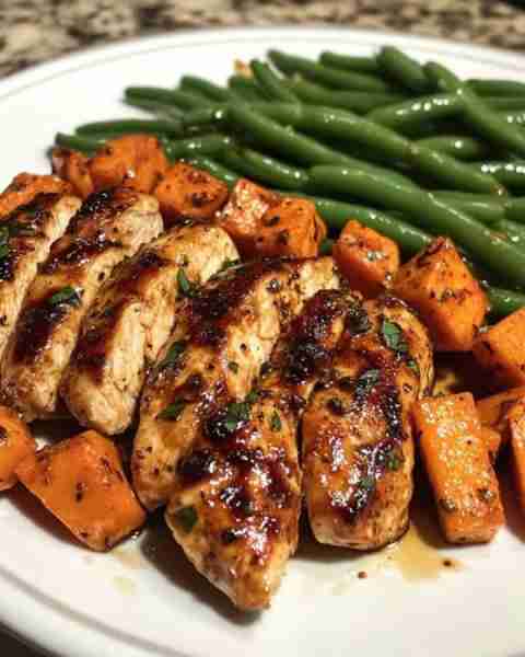 Honey Garlic Chicken with Sweet Potatoes and Green Beans Ingredients: 4 boneless, skinless chicken b...