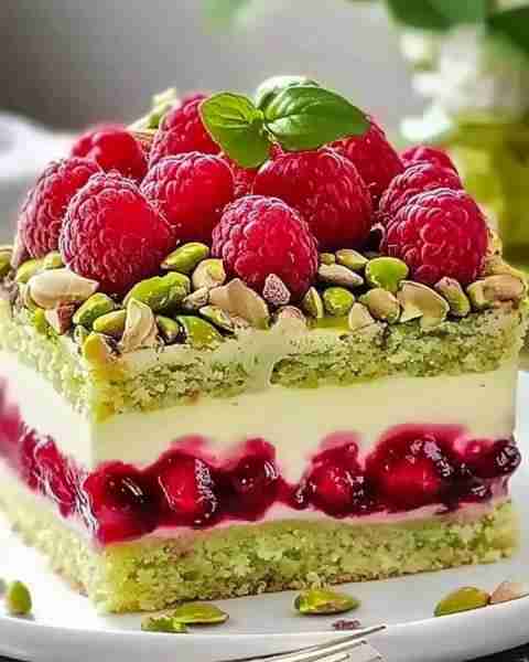 Heavenly Pistachio Raspberry Dream Cake 🍓 It’s the kind of cake that makes you pause mid-bite—light...
