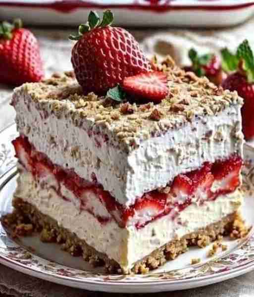 No-Bake Strawberry Cheesecake Lasagna Ingredients: 2 cups strawberries, sliced 2 cups heavy cream 1...
