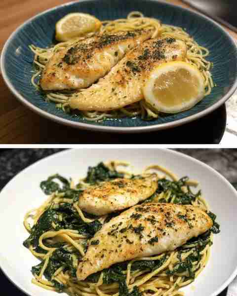 Lemon Herb Tilapia with Spinach Spaghetti Zesty Lemon Tilapia over Garlic Spinach Spaghetti Ingredie...