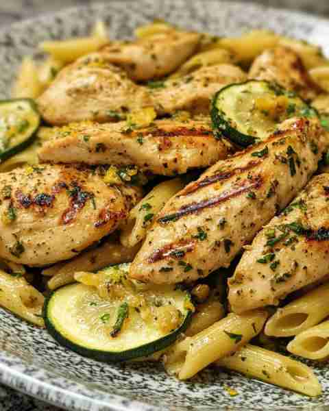 Grilled Lemon Herb Chicken with Zucchini Penne Zesty Grilled Chicken Tossed with Herbed Zucchini Pen...