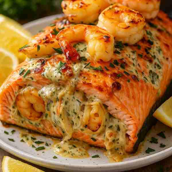 Crab & Shrimp Stuffed Salmon 🦀🦐🔥 🕒 Prep Time: 20 mins 🔥 Cook Time: 25 mins 🍽️ Servings: 4 📝 In...