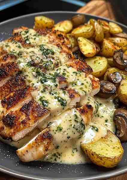 🧀🌿🐔 Creamy Garlic Parmesan Chicken Alfredo with Mushroom Pesto Potatoes with Double-creamy Parmes...