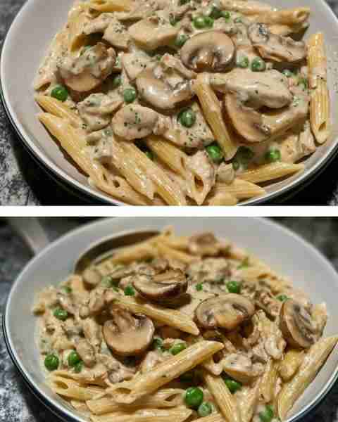 Creamy Mushroom and Pea Penne with Turkey Savory Turkey Penne with Creamy Mushrooms and Garden Peas...