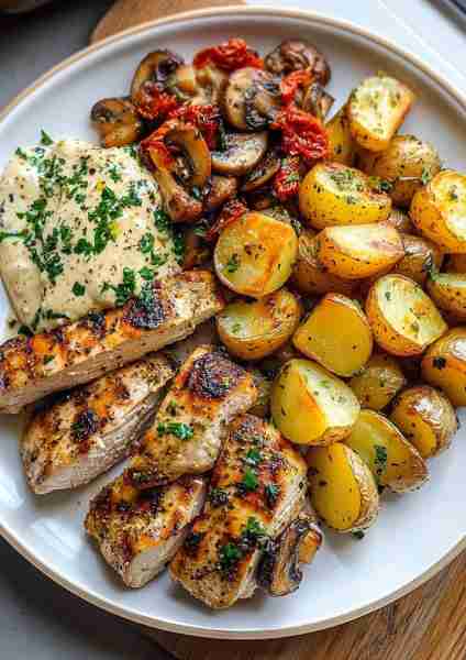 🍅🌿🐔 Tuscan Garlic Chicken & Roasted Potatoes with Creamy Mushroom Pesto Rosso—a vibrant Mediterra...