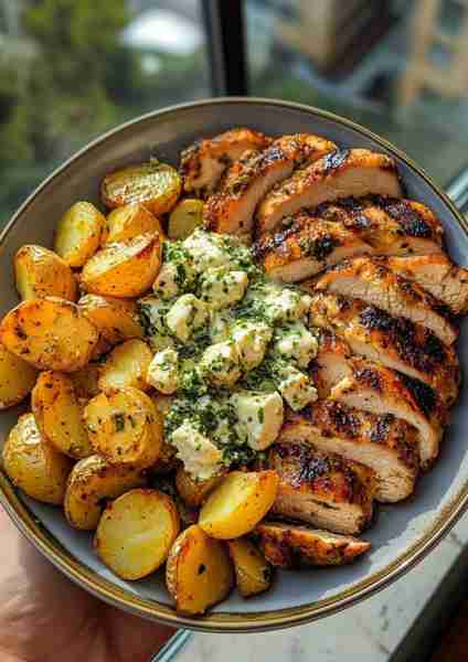 🌿🐔🥔 Greek Garlic Chicken & Crispy Potatoes with Spinach-Feta Mushroom Pesto Cream—a vibrant Medit...