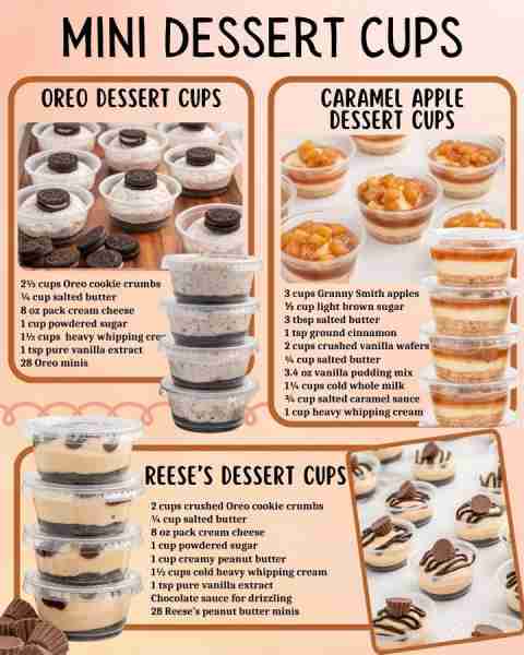 OREO DESSERT CUPS: 2½ cups Oreo cookie crumbs ¼ cup salted butter 8 oz pack cream cheese 1 cup powde...