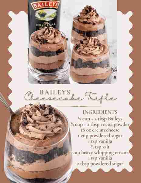 Baileys Chocolate Cheesecake Trifle! INGREDIENTS ¼ cup + 2 tbsp Baileys ¼ cup + 2 tbsp cocoa powder...
