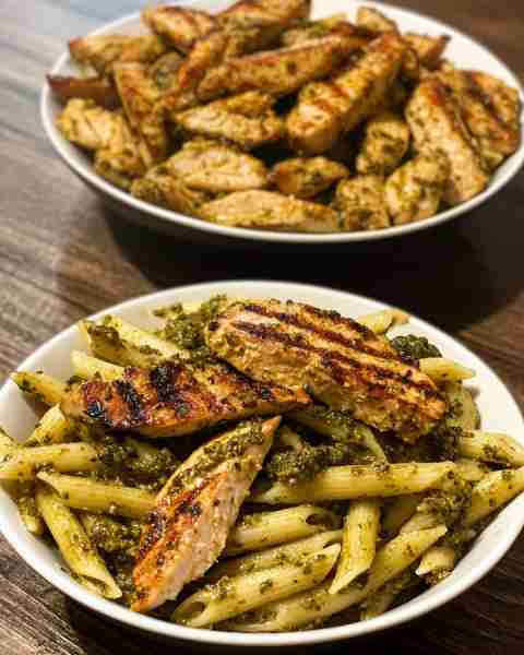 Grilled Turkey Strips with Pesto Penne Herbed Turkey Strips over Basil Pesto Penne Pasta Ingredients...