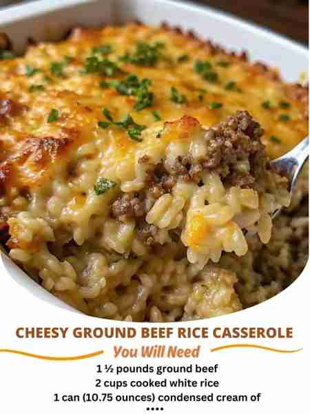 CHEESY GROUND BEEF RICE CASSEROLE Ingredients: 1 ½ pounds ground beef 2 cups cooked white rice 1 can...